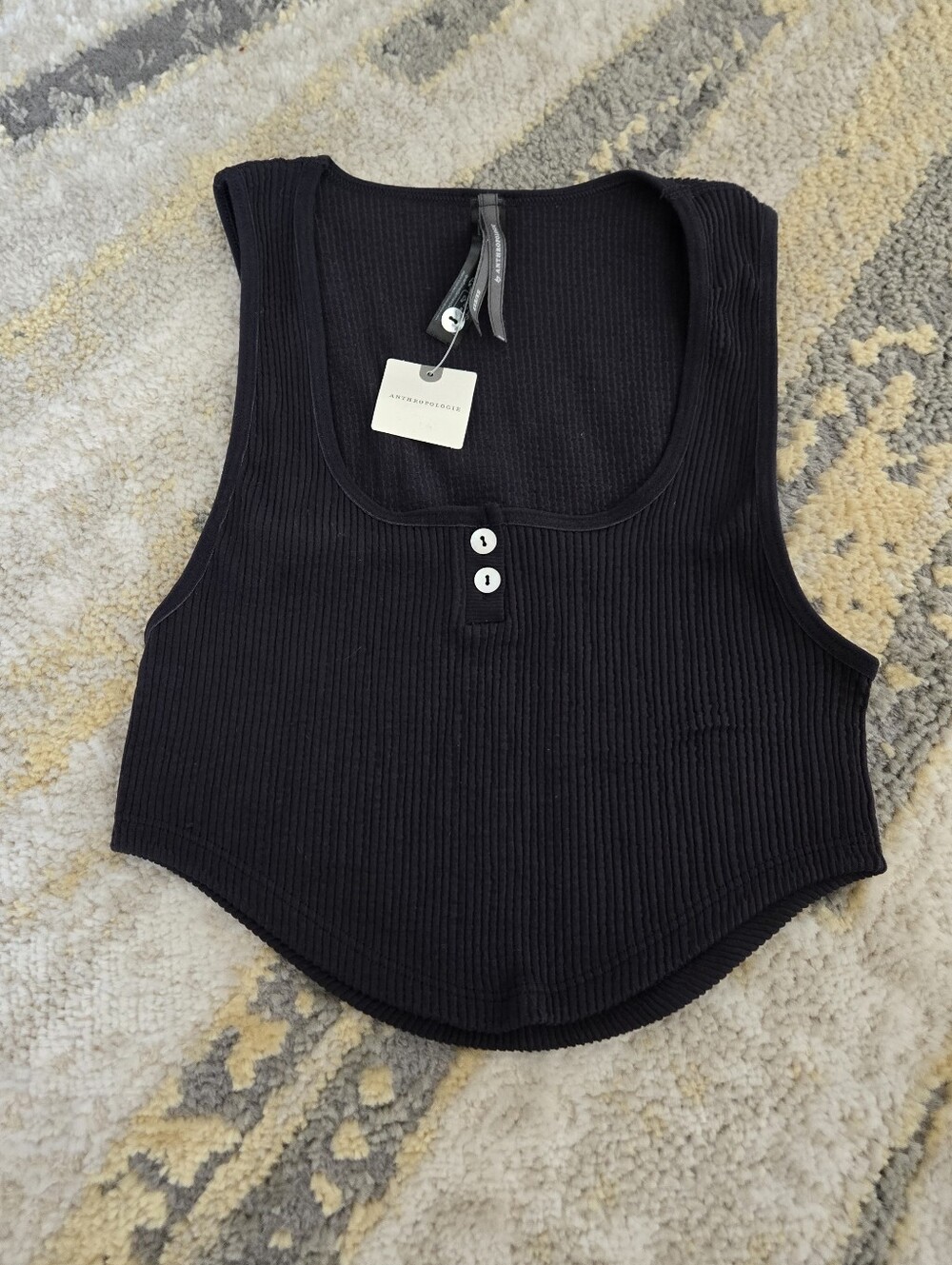 NWT Anthropologie Black Ribbed Henley Crop Top with Button Detail